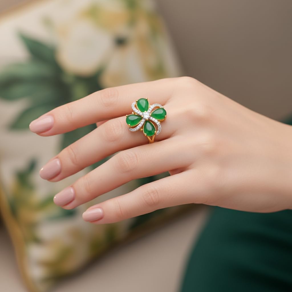 438116-Pretty Precious American Diamond Finger Ring for Women & Girls | Gold Plated AD Ring | Adjustable Elegant Party, Wedding & Daily Wear Jewellery-Green
