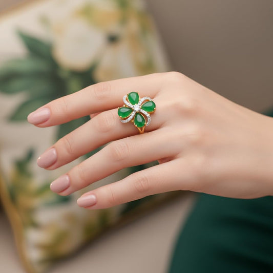 438116-Pretty Precious American Diamond Finger Ring for Women & Girls | Gold Plated AD Ring | Adjustable Elegant Party, Wedding & Daily Wear Jewellery-Green