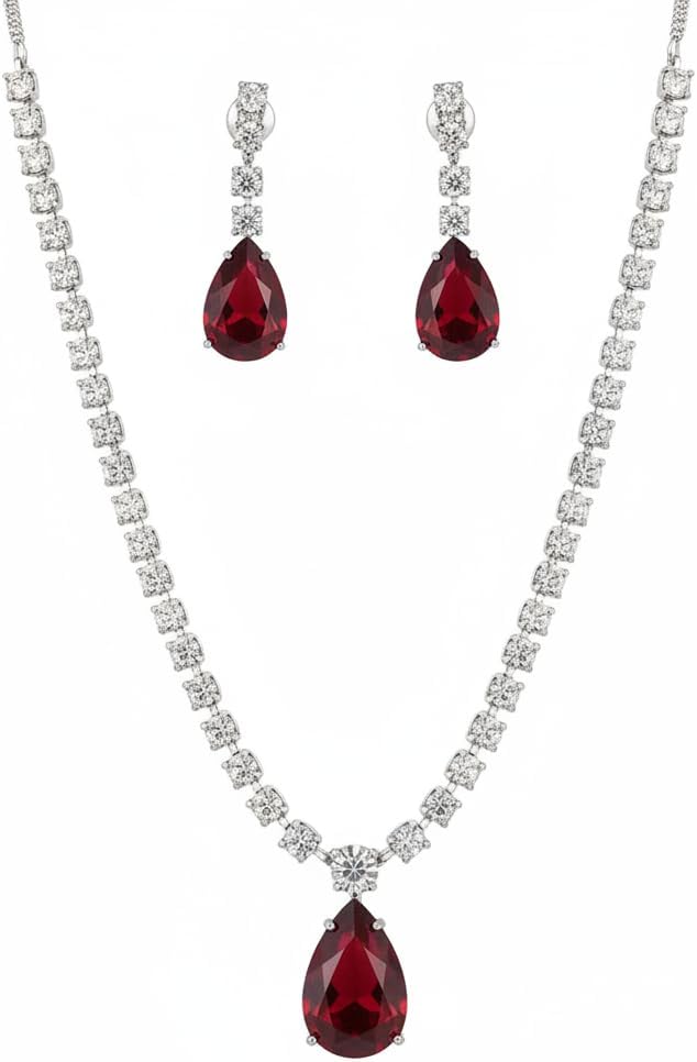 1400-Pretty Precious AD Necklace Set for Women | Rhodium Plated American Diamond Necklace & Earrings Set | Party, Wedding & Festive Jewellery-Ruby Colour
