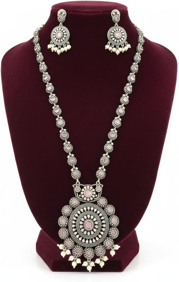 1561-Pretty Precious Latest Stylish Traditional Oxidised Silver Necklace Jewellery Set for Women | Antique Finish Ethnic Necklace with Matching Earrings | Festive & Party Wear-Pink Colour