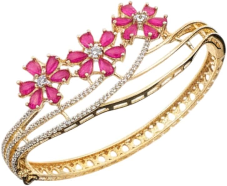 1434-Pretty Precious American Diamond Openable Kada Bracelet for Women, Gold & Silver Plating, Cubic Zirconia, One Size, Party & Wedding-Ruby