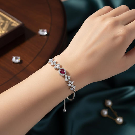 441062-Pretty Precious Adjustable chain Bracelet Cubic Zircon/American Diamond Rohdium Plated for Women and Girls-Ruby colour