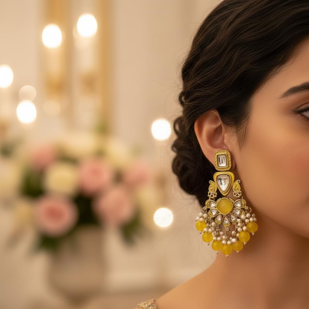 112519-Pretty Precious Traditional Kundan Earring Stylish Party Wear Earrings for Women and Girls-Mehndi Plating-Yellow