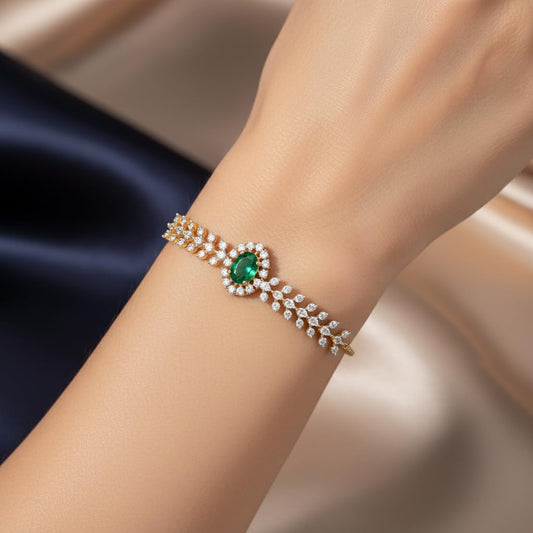 440064-Pretty Precious Gold Plated Cubic Zirconia Adjustable Chain Bracelet for Women | Elegant CZ Bracelet | Party, Wedding & Daily Wear Jewellery-Green