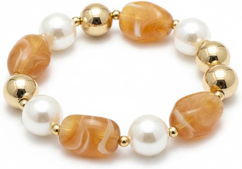 BC2584-Pretty Precious Natural Stone & Pearl Beaded Bracelet for Women | Stretchable Elastic Statement Bracelet | Handmade Fashion Jewellery | Brown-White-Golden