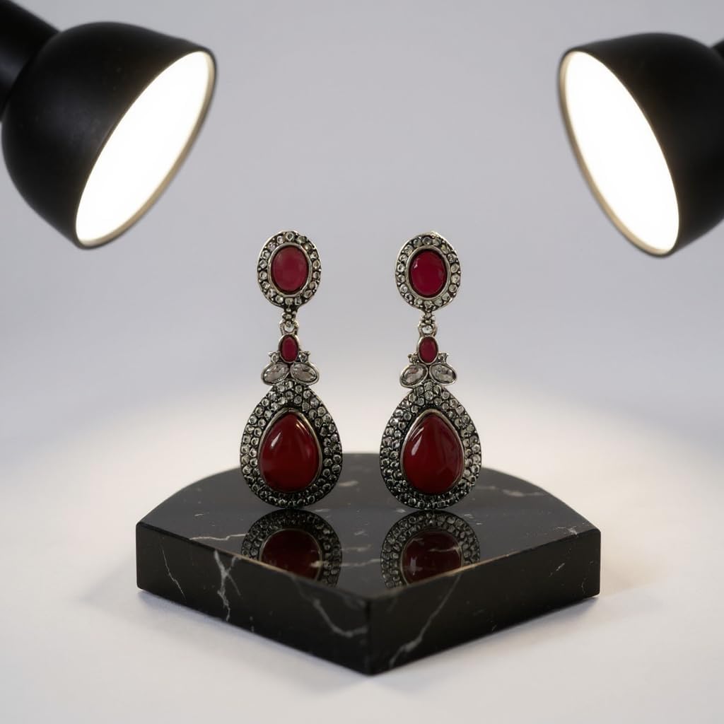 1363-Pretty Precious Oxidised Silver Stylish Party Wear Earrings for Women and Girls-Red Colour