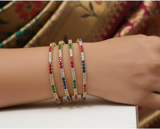 1481-Pretty Precious Two Tone Cubic Zirconia/American Diamond Traditional Bangles/Bracelet Set of 4 for Women and Girls- (Size 2.8)-Multicolour