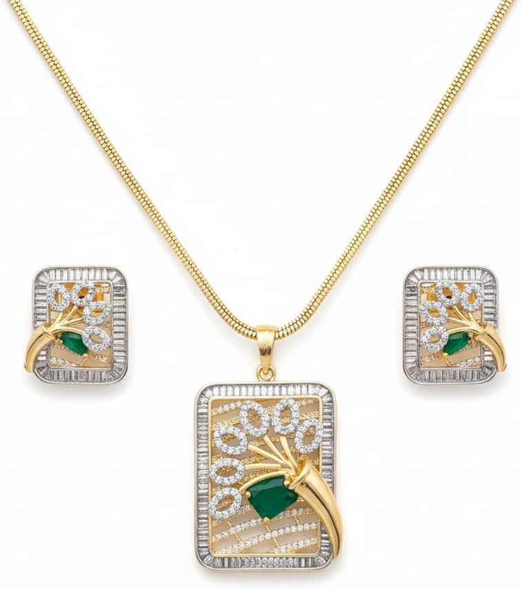 1385-Pretty Precious AD Two Tone Pendant Set for Women, American Diamond with Earrings and Chain, Party Wedding Daily Wear Jewellery-Green