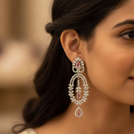 1372-Pretty Precious Earrings, AD Stones, Rhodium Plated, Dangle Design, Cubic Zirconia, Silver, Party Wear-Pink