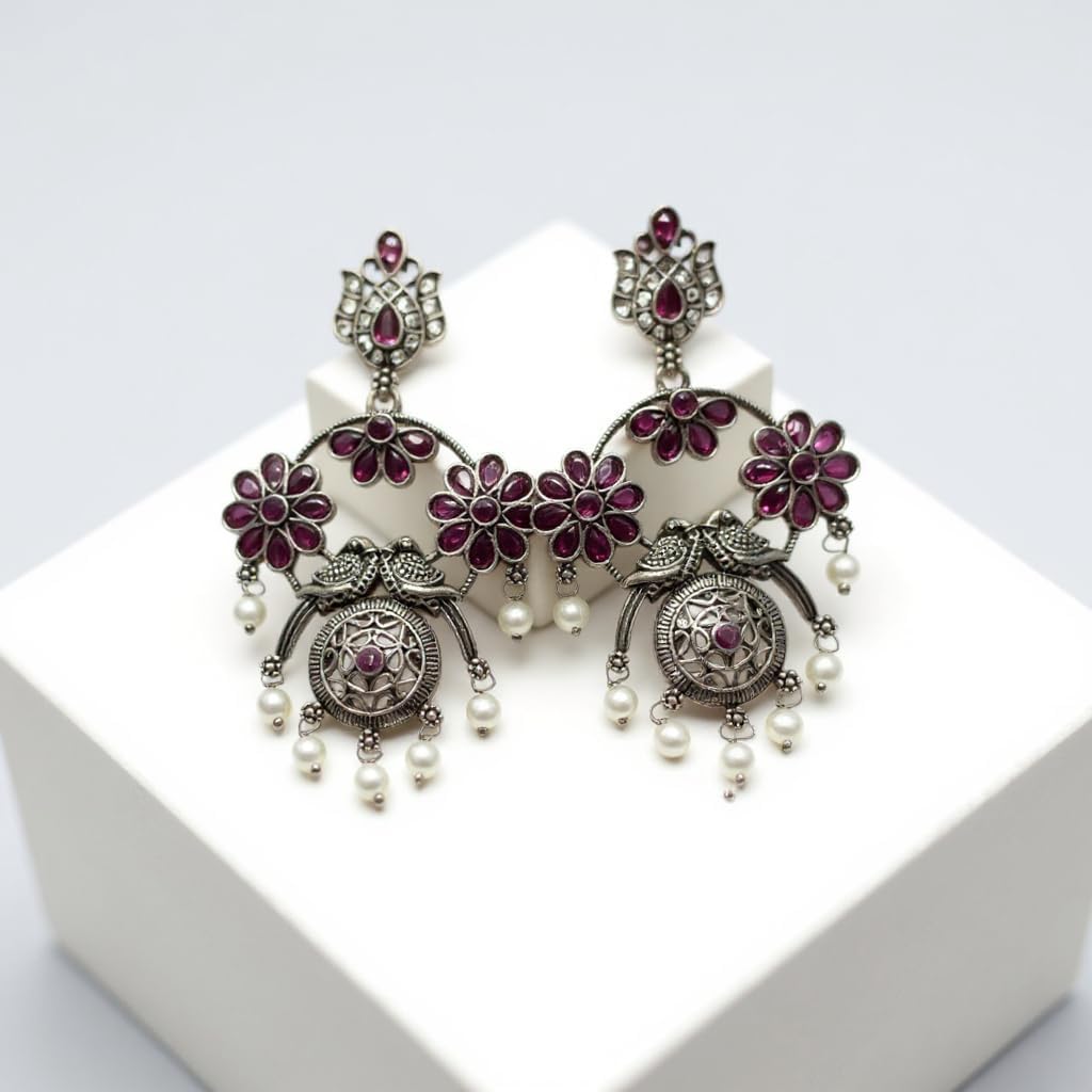 1355-Pretty Precious Oxidised Silver Stylish Party Wear Earrings for Women and Girls-Ruby Colour