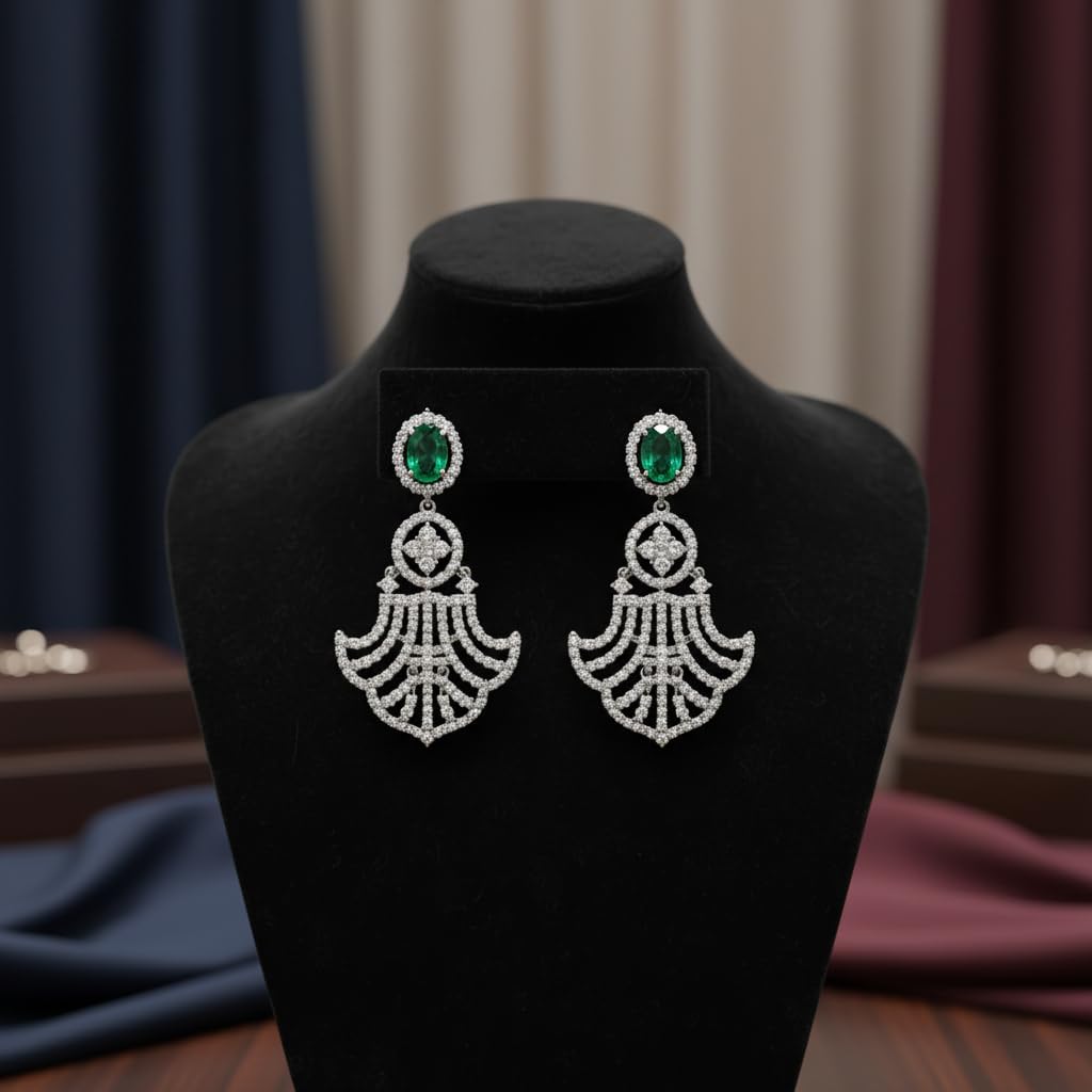 437659-Pretty Precious Rhodium Plated American Diamond Earrings for Women & Girls | AD Stud Earrings | Sparkling Cubic Zirconia Jewellery | Elegant Party & Daily Wear-Green