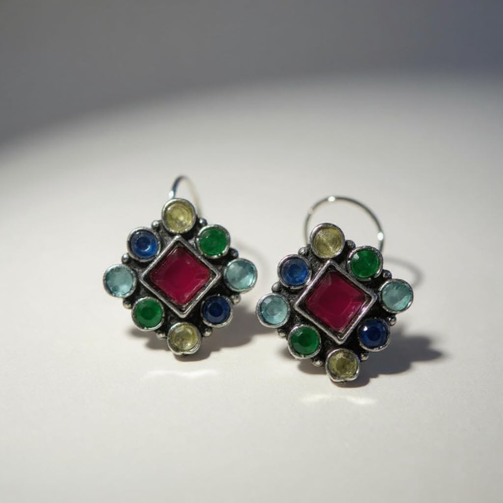 1051-Pretty Precious Oxidised Silver Stylish Party Wear Earrings for Women and Girls Studs - Multicolour