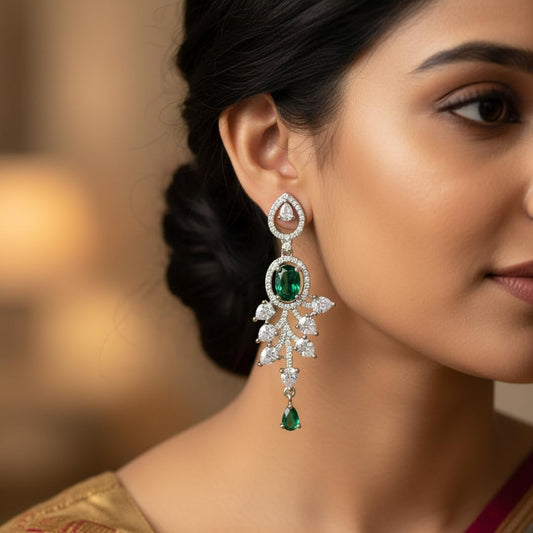 1373-Pretty Precious Earrings, AD Stones, Rhodium Plated, Dangle Design, Cubic Zirconia, Silver, Party Wear-Green