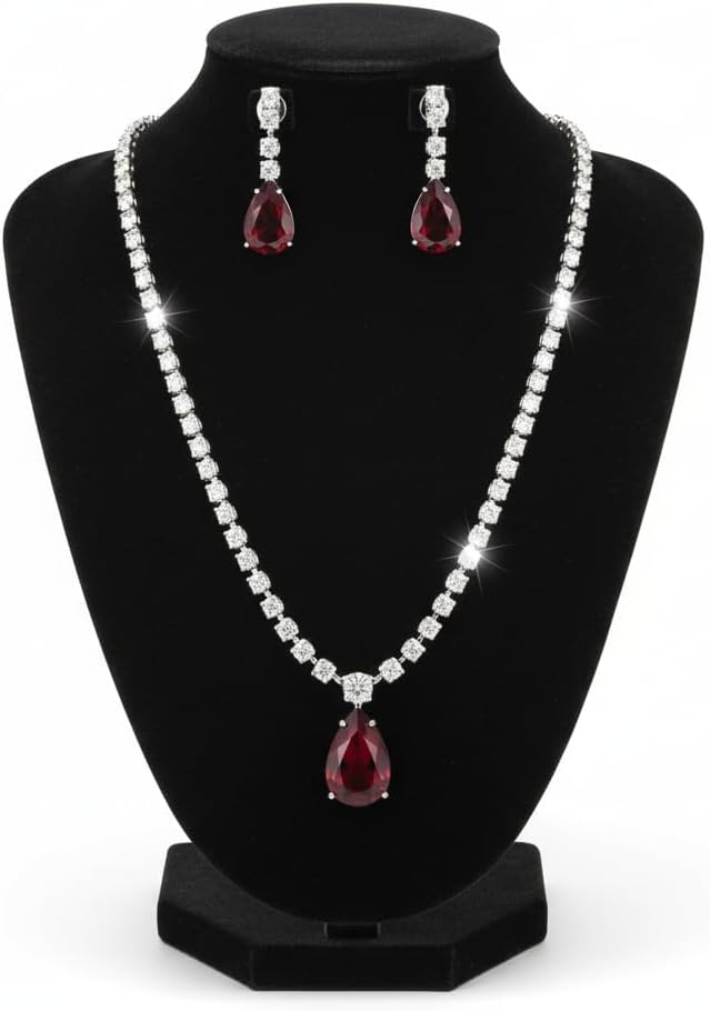 1400-Pretty Precious AD Necklace Set for Women | Rhodium Plated American Diamond Necklace & Earrings Set | Party, Wedding & Festive Jewellery-Ruby Colour