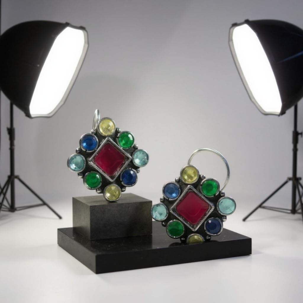 1051-Pretty Precious Oxidised Silver Stylish Party Wear Earrings for Women and Girls Studs - Multicolour