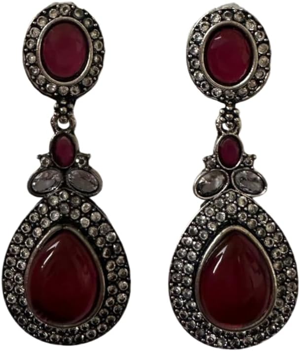 1363-Pretty Precious Oxidised Silver Stylish Party Wear Earrings for Women and Girls-Red Colour