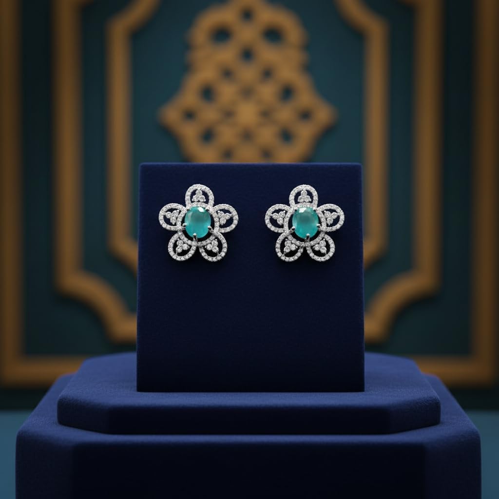 438596-Pretty Precious Rhodium Plated American Diamond Earrings for Women & Girls | AD Stud Earrings | Sparkling Cubic Zirconia Jewellery | Elegant Party & Daily Wear-Mint