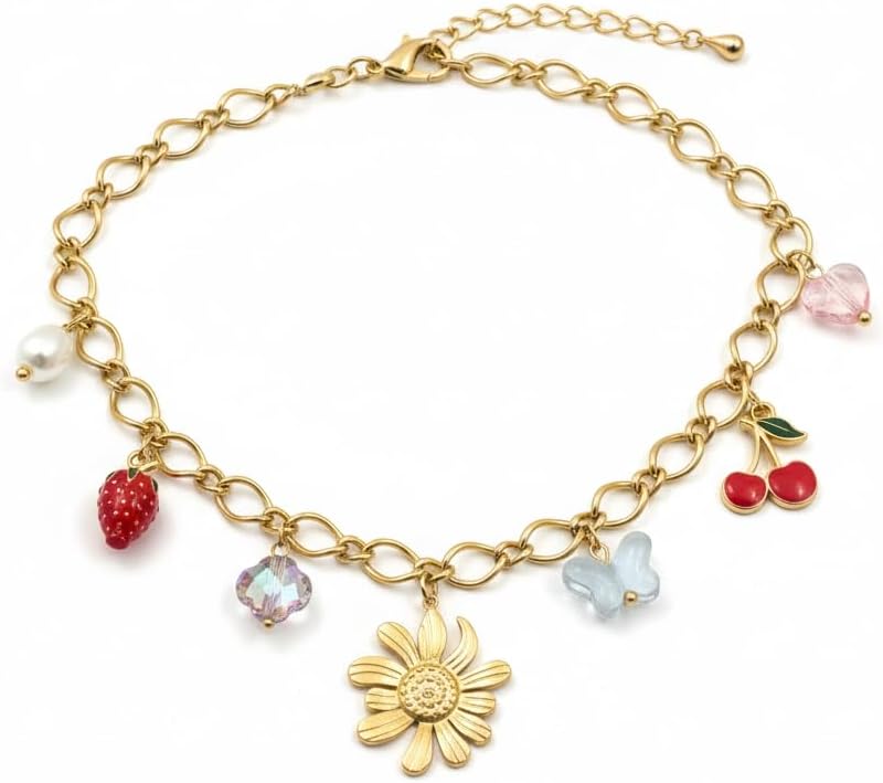 1370-Pretty Precious Mala Charm Bracelet, Gold Chain with Flower, Strawberry, Pearl, Heart Charms-Design1