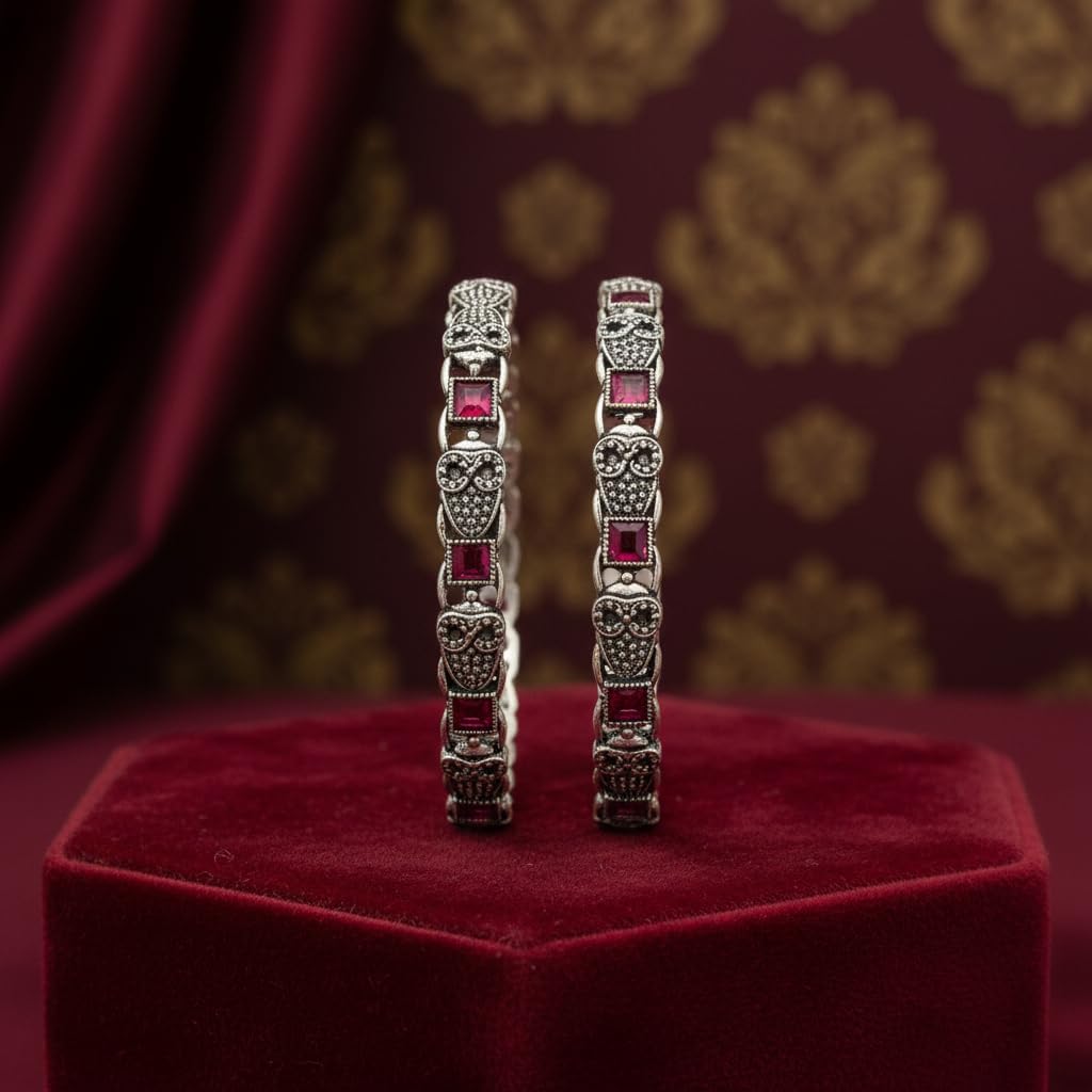 1508-Pretty Precious Oxidised Silver Bangles, Traditional Ethnic Style, Antique Finish, Size 2.4, 1 Pair, 2 Pieces-Ruby Stone