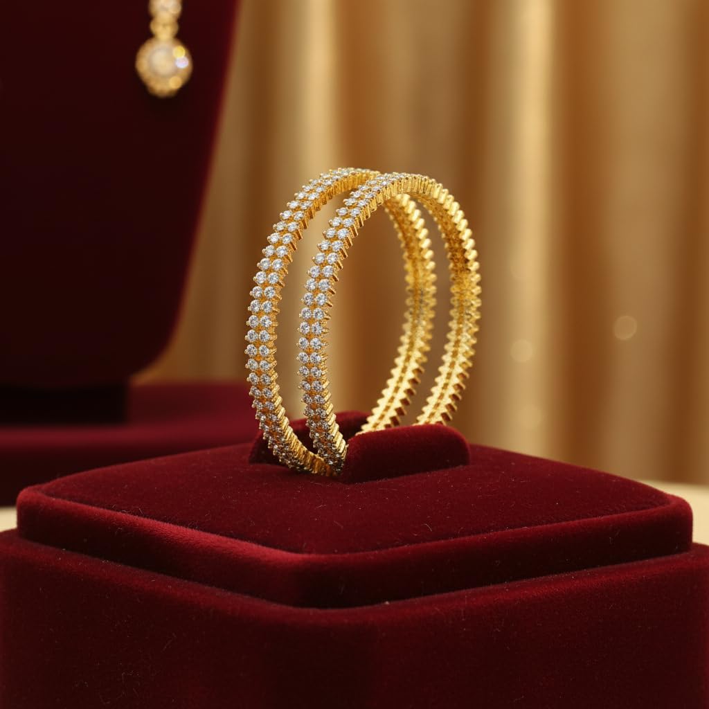 1482-Pretty Precious Two Tone Cubic Zirconia/American Diamond Traditional Bangles/Bracelet Set of 2 for Women and Girls- (Size 2.4)