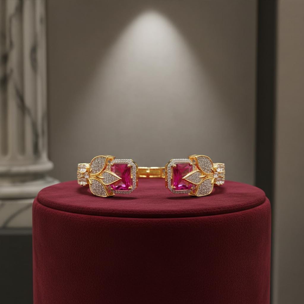 1414-Pretty Precious American Diamond Openable Kada Bracelet for Women, Gold & Silver Plating, Cubic Zirconia, One Size, Party & Wedding-Ruby