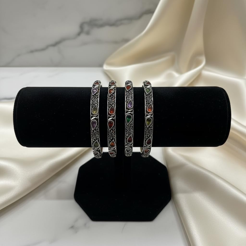 807072-Pretty Precious Oxidised Silver Bangles, Traditional Ethnic Style, Antique Finish, Size 2.4, 4 Pieces-Multicolour Stone