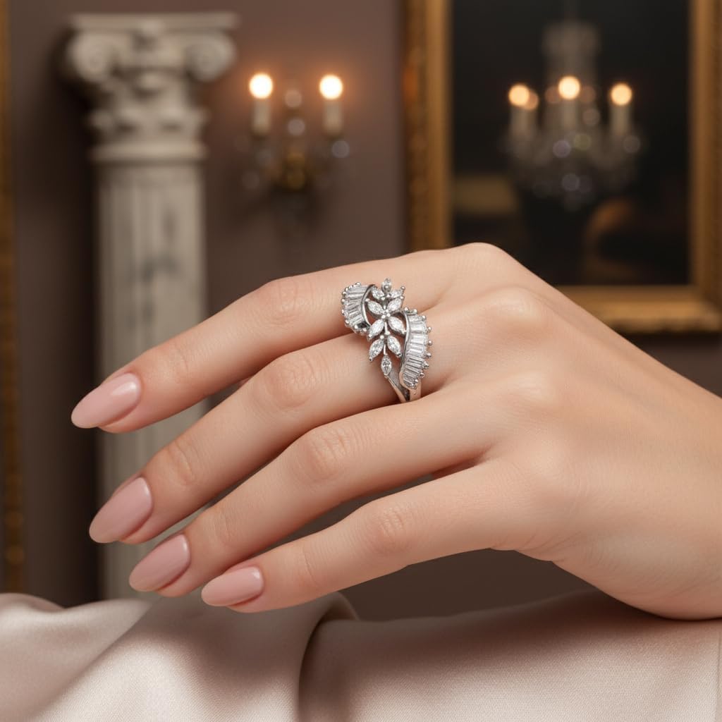 442892-Pretty Precious American Diamond Finger Ring for Women & Girls | Rhodium Plated AD Ring | Adjustable Elegant Party, Wedding & Daily Wear Jewellery-Silver with White Stone