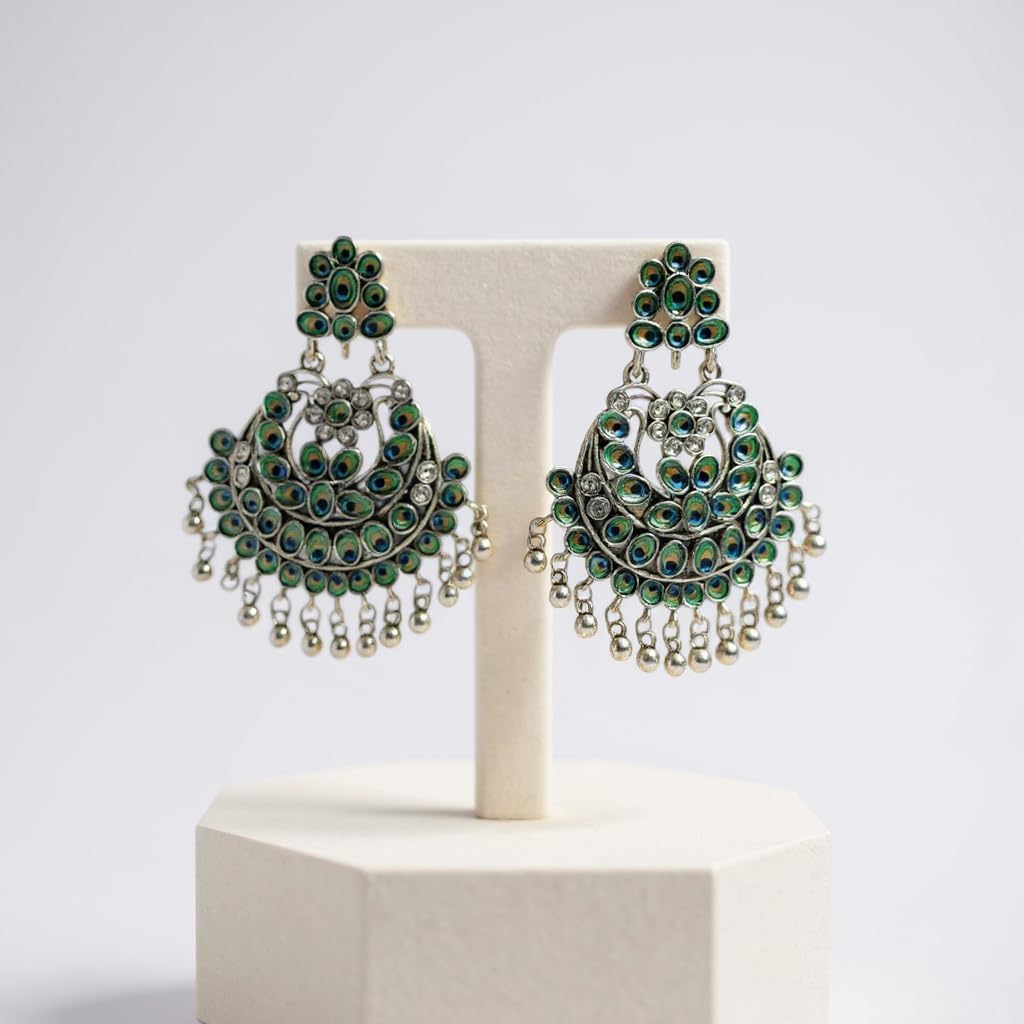 1343-(Design-1)-Pretty Precious Oxidised Silver Peacock Chandbali Earrings for Women, Party Wear Dangle Earrings with Cubic Zirconia Stones, Silver Plating