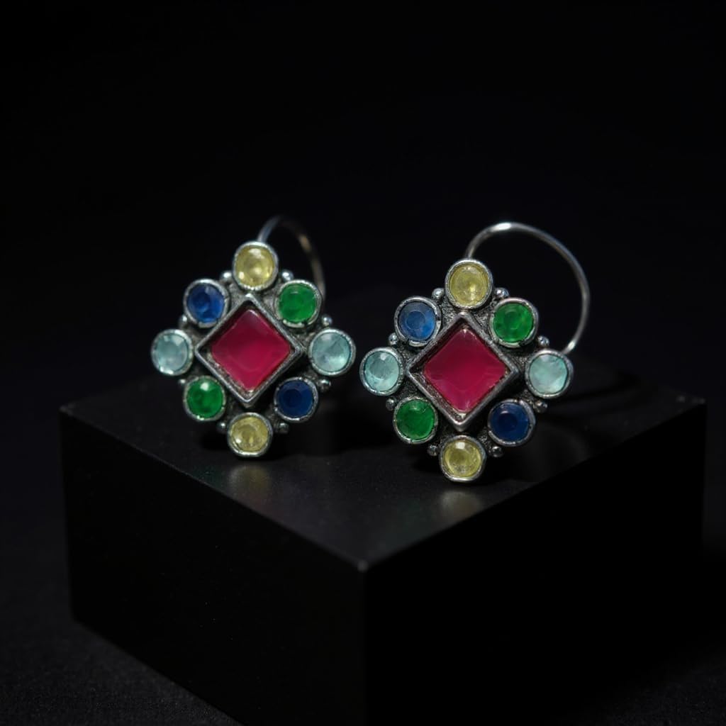 1051-Pretty Precious Oxidised Silver Stylish Party Wear Earrings for Women and Girls Studs - Multicolour
