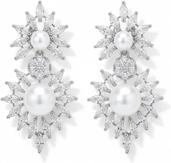 435176-Pretty Precious Rhodium Plated American Diamond Earrings for Women & Girls | AD Stud Earrings | Sparkling Cubic Zirconia Jewellery | Elegant Party & Daily Wear-White with Pearl