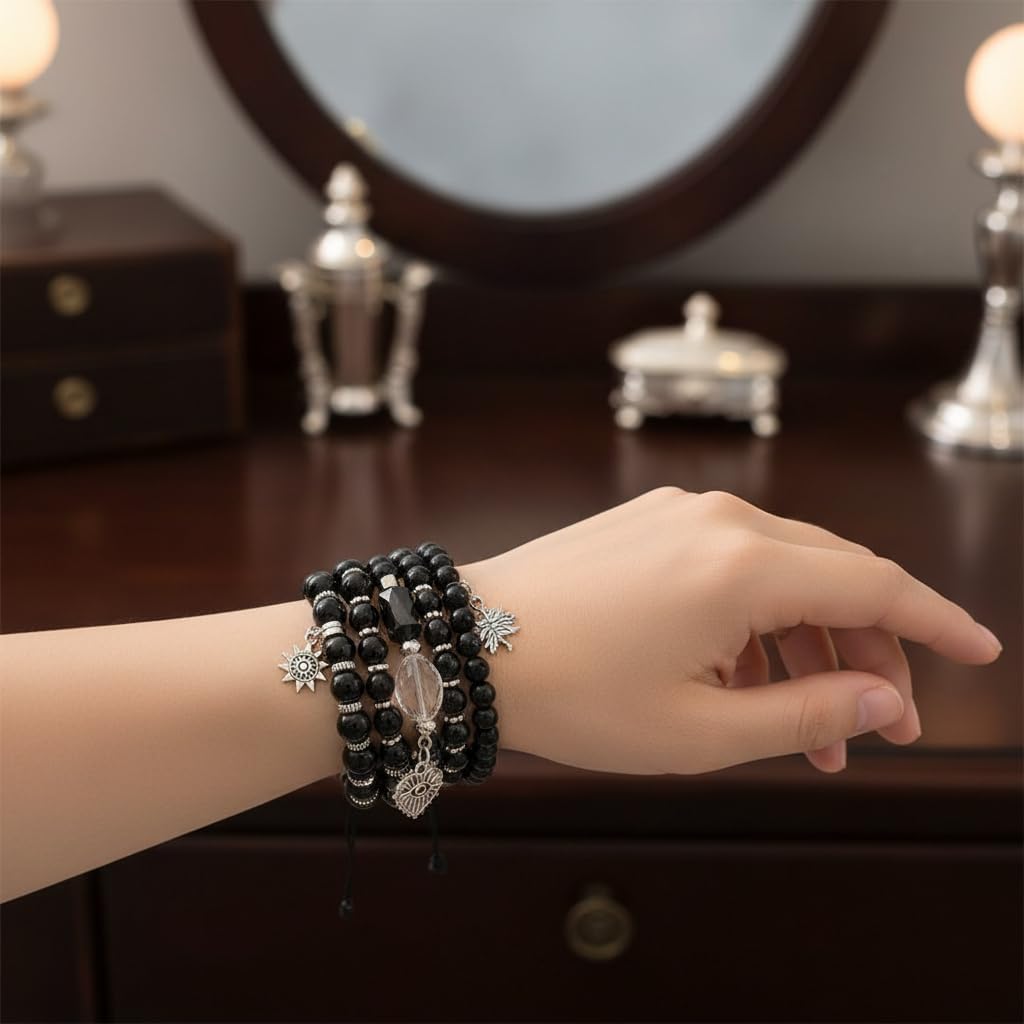 BC26155-Pretty Precious Boho Stackable Beaded Bracelet Set – Elastic Bracelets for Women – Coastal Inspired – Adjustable Handmade Beaded Bracelet (4-Piece Set)-Assorted Colour (Black)
