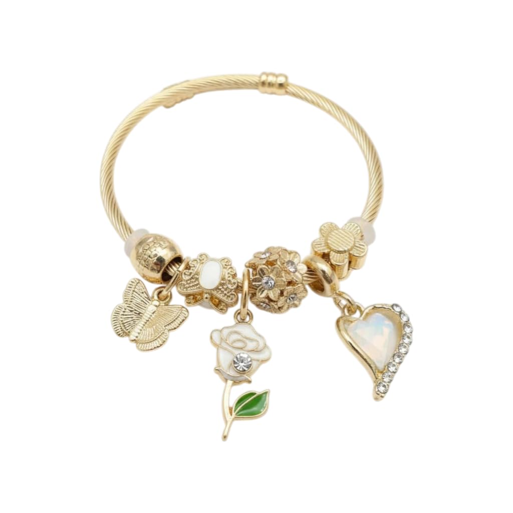 BC26141-Gold Tone Cable Bangle Bracelet with Beach Theme Charms, Seashell Starfish Flip Flop Dangles, Assorted Colours and Designs