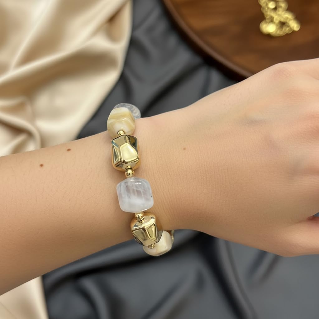 BC2584-Pretty Precious Natural Stone & Pearl Beaded Bracelet for Women | Stretchable Elastic Statement Bracelet | Handmade Fashion Jewellery | White-Cream-Golden