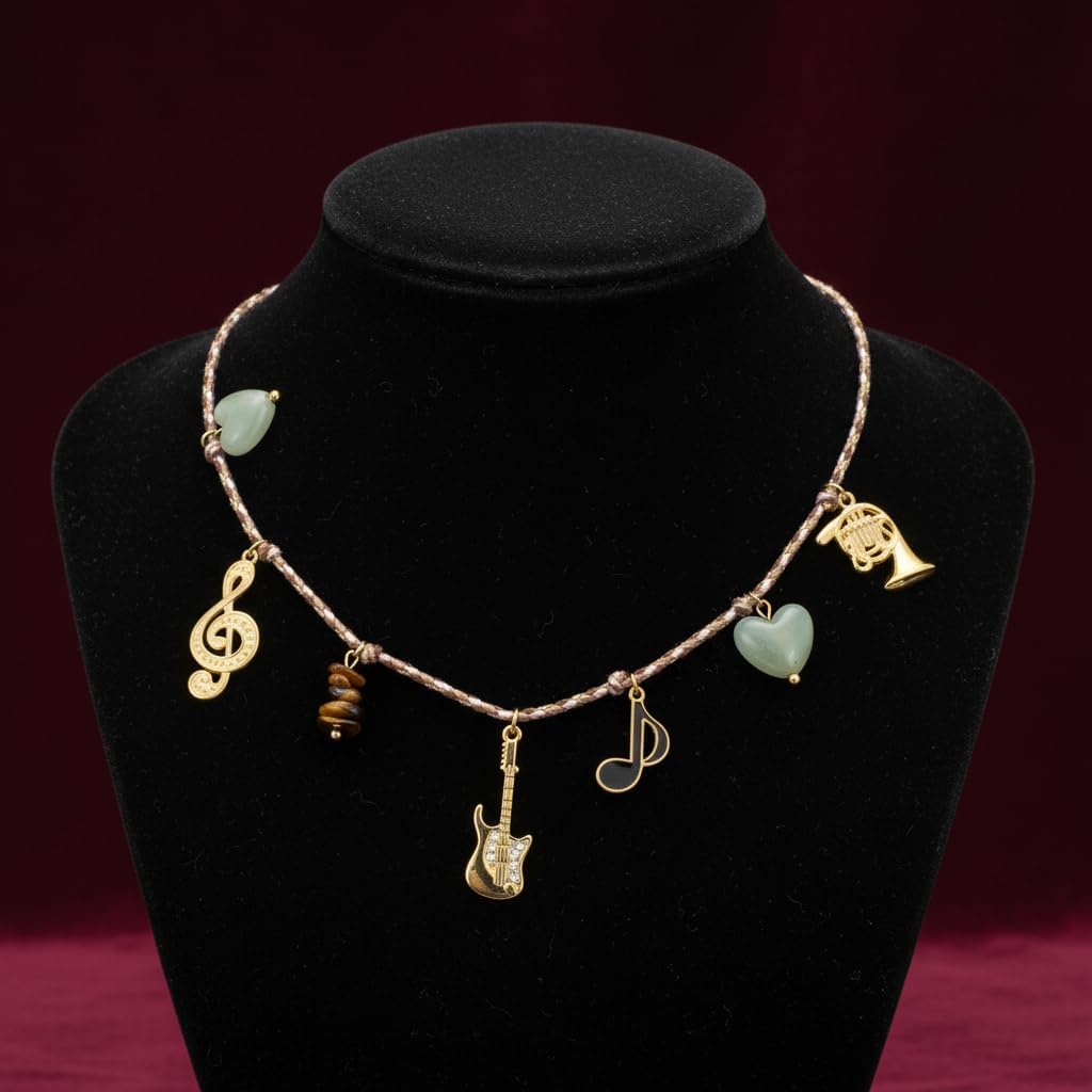 1370-Pretty Precious Mala Music Theme Charm Necklace, Gold-Tone with Heart Beads, Guitar Treble Clef Horn Note-Design-2