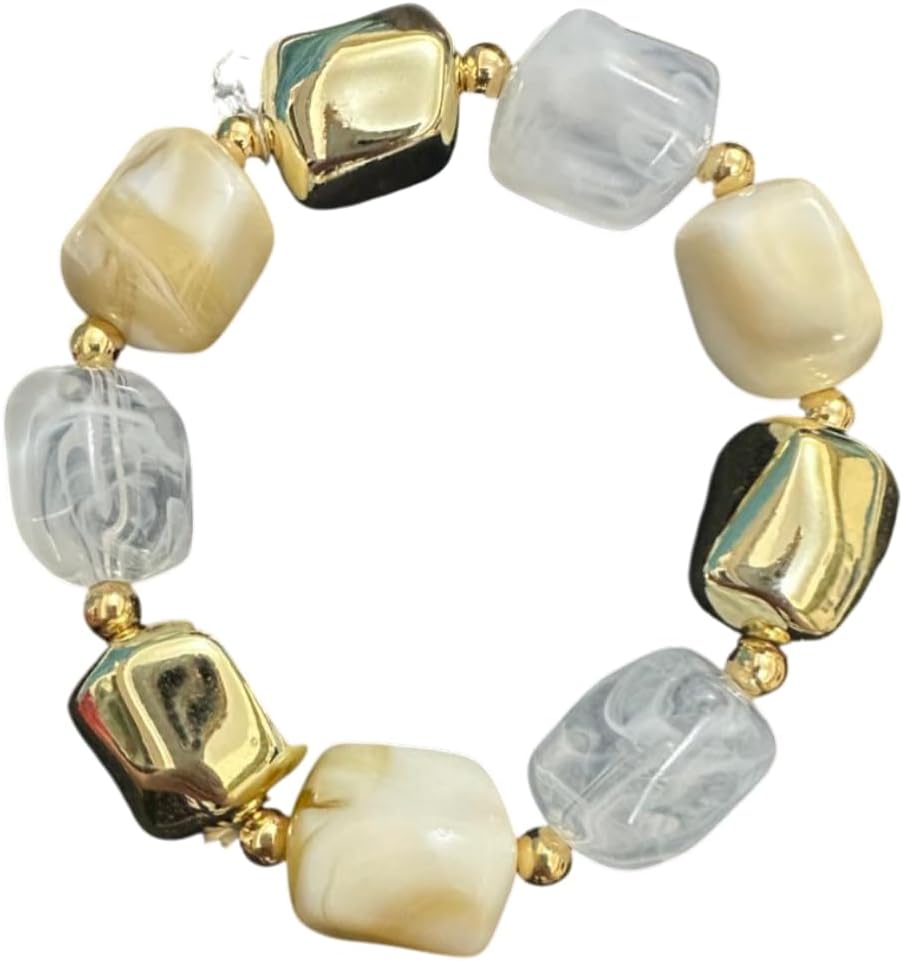 BC2584-Pretty Precious Natural Stone & Pearl Beaded Bracelet for Women | Stretchable Elastic Statement Bracelet | Handmade Fashion Jewellery | White-Cream-Golden
