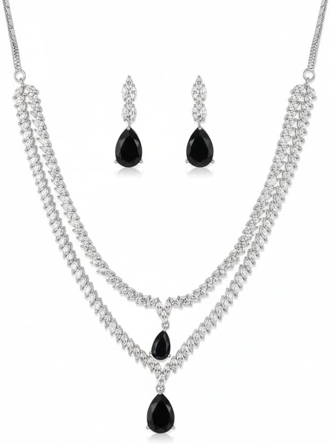434518-Pretty Precious American Diamond Rhodium Plated Layered Necklace and Earrings Set, Black Teardrop Stone, Wedding Party Evening Jewellery for Women and Girls-Black