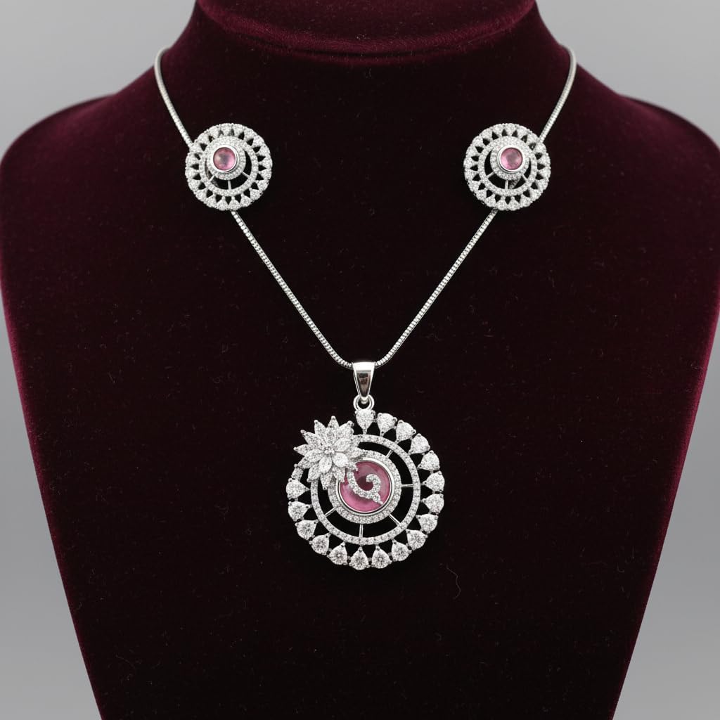 1381-PRETTY PRECIOUS Rodhium-Plated American Diamond Pendant Set with Earrings for Women and Girls, with Chain-Pink