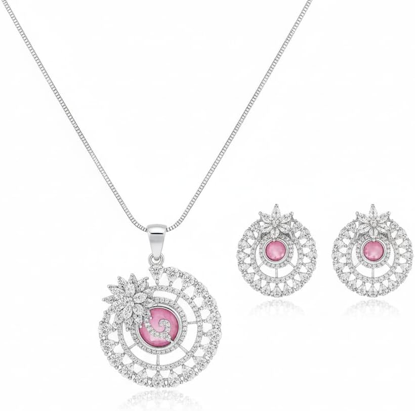 1381-PRETTY PRECIOUS Rodhium-Plated American Diamond Pendant Set with Earrings for Women and Girls, with Chain-Pink