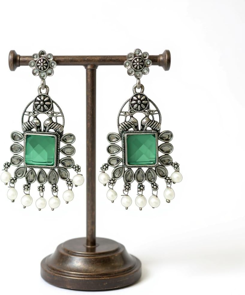 1347-Pretty Precious Oxidised Silver Stylish Party Wear Earrings for Women and Girls-Mint Colour