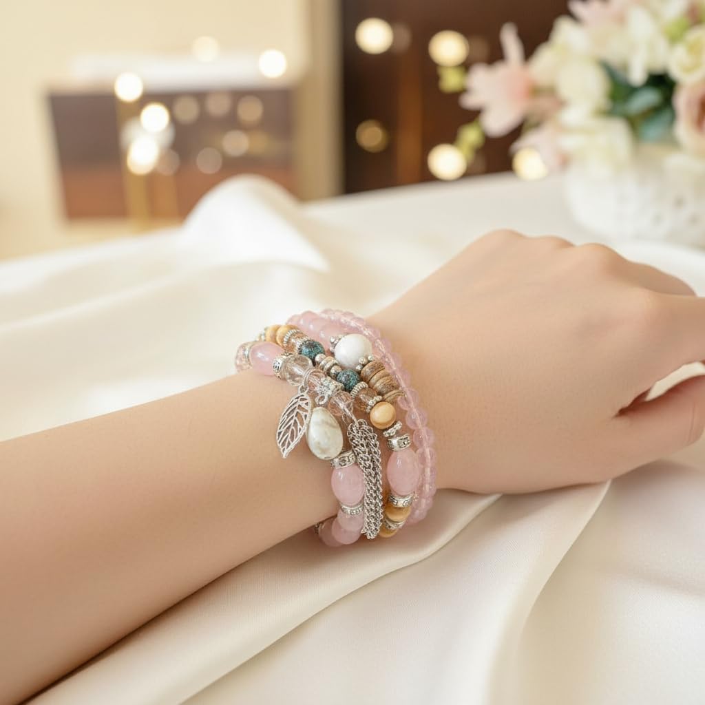 BC26154-Pretty Precious Boho Stackable Beaded Bracelet Set – Elastic Bracelets for Women – Coastal Inspired – Adjustable Handmade Beaded Bracelet (4-Piece Set)-Assorted Colour (Rose Pink)