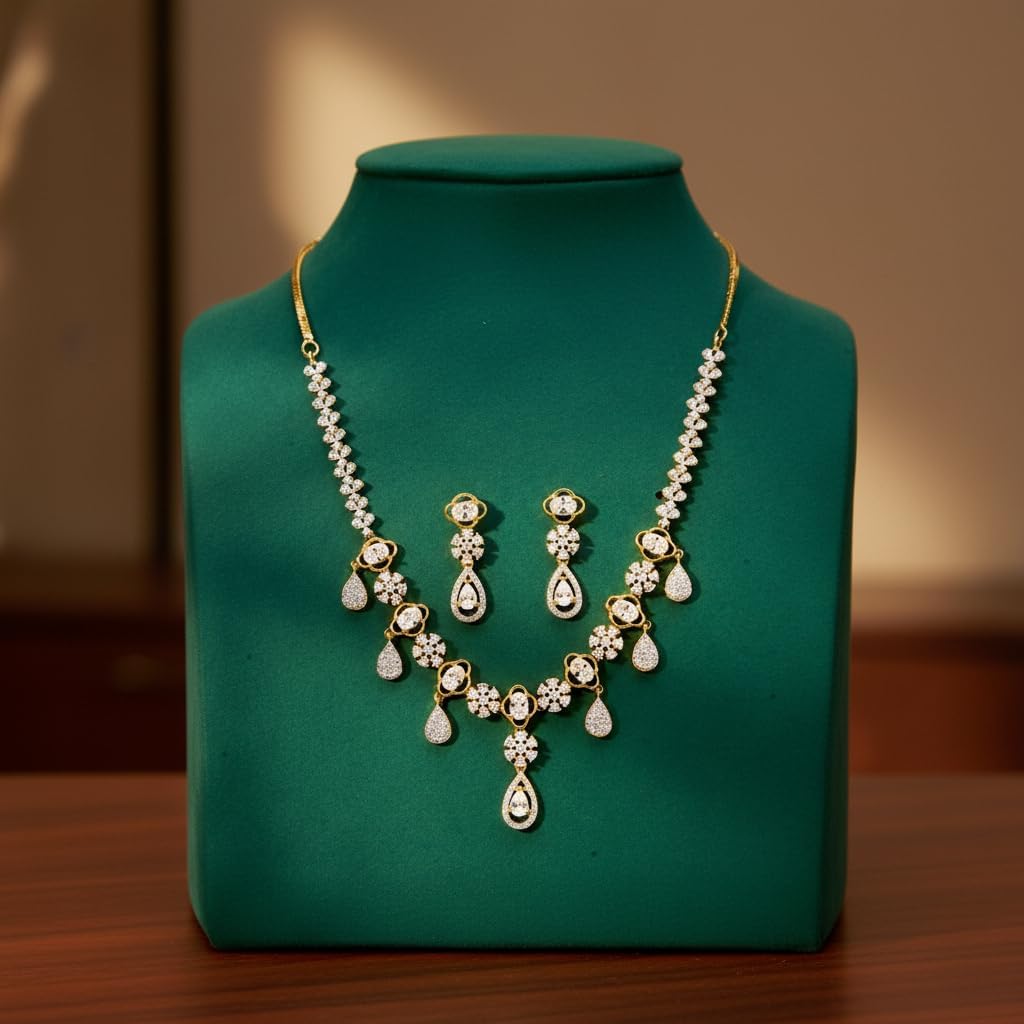 434054-Pretty Precious American Diamond Gold Plated Necklace and Earrings Set for Women, Floral Teardrop Design, Wedding Bridal Party Jewellery-White