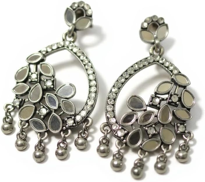 1357-Pretty Precious Oxidised Silver Stylish Party Wear Earrings for Women and Girls Studs - Mirror look