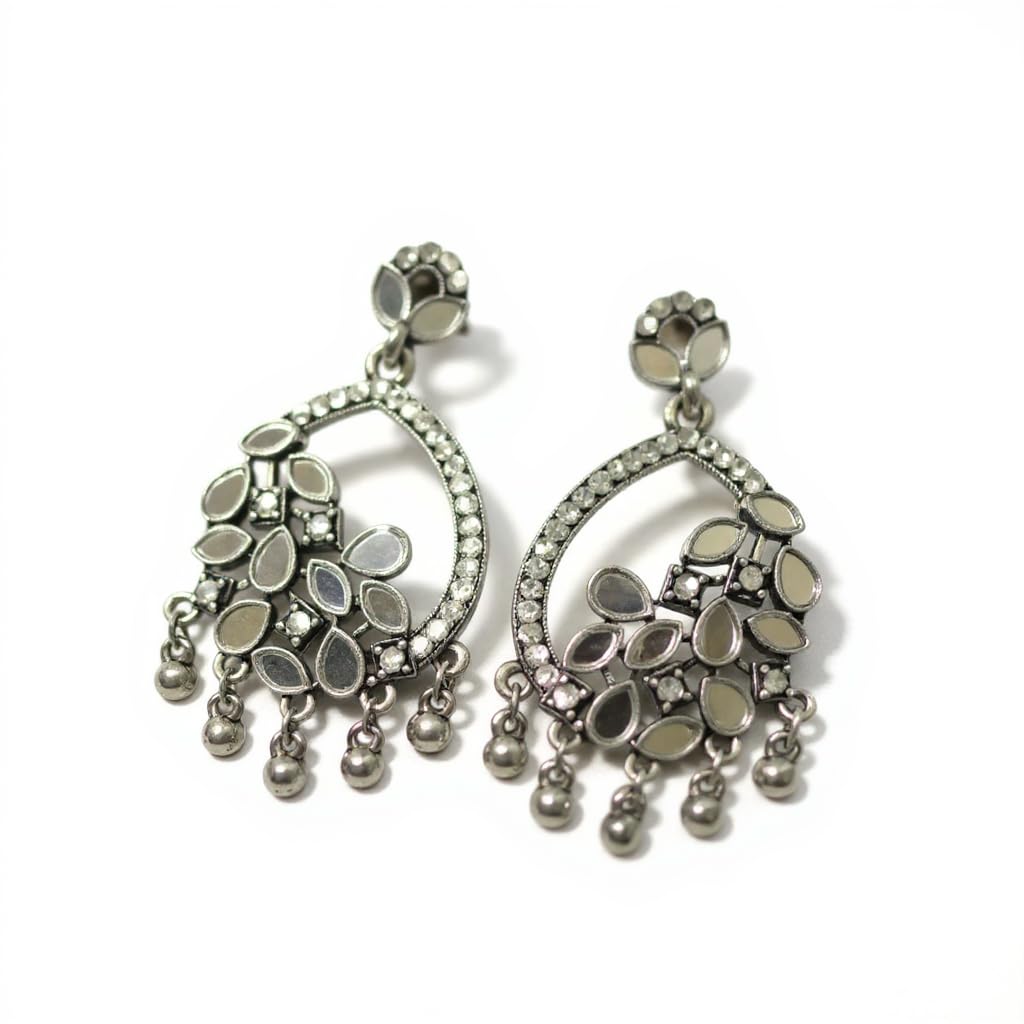 1357-Pretty Precious Oxidised Silver Stylish Party Wear Earrings for Women and Girls Studs - Mirror look