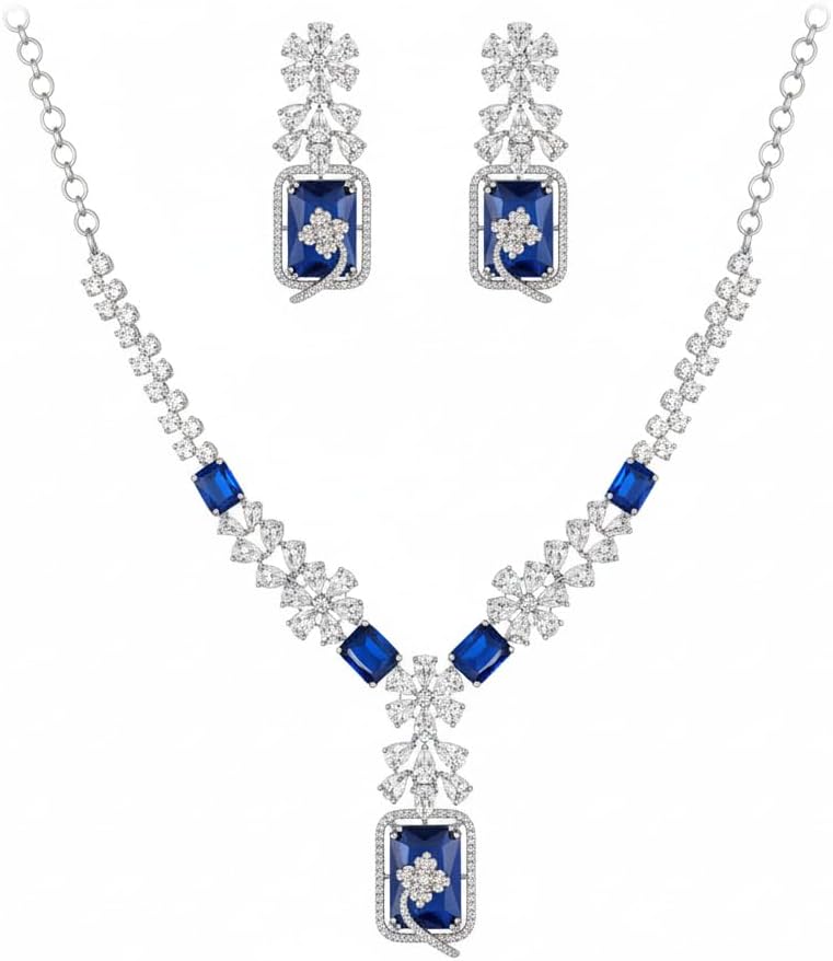 1401-Pretty Precious AD Necklace Set for Women | Rhodium Plated American Diamond Necklace & Earrings Set | Party, Wedding & Festive Jewellery-Blue Colour