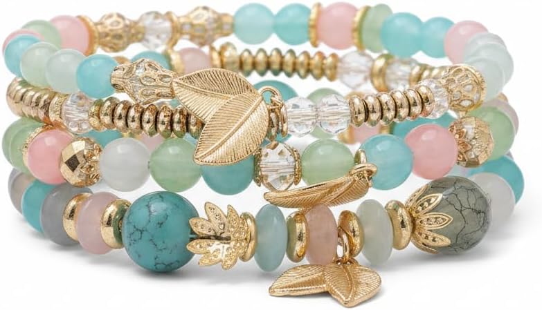 BC26154-Pretty Precious Boho Stackable Beaded Bracelet Set – Elastic Bracelets for Women – Coastal Inspired – Adjustable Handmade Beaded Bracelet (4-Piece Set)-Assorted Colour (Multicolour-Round)