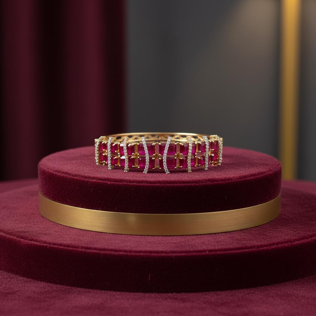 1415-Pretty Precious American Diamond Openable Kada Bracelet for Women, Gold & Silver Plating, Cubic Zirconia, One Size, Party & Wedding-Ruby