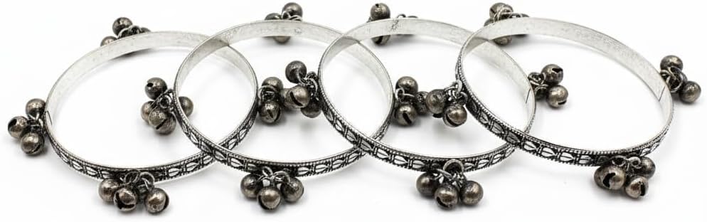 1511-Pretty Precious Oxidised Silver Bangles Set of 4, Traditional Indian Jewelry, Ghungroo Bell Charms, Ethnic Tribal Design, Size 2.4 & 2.6