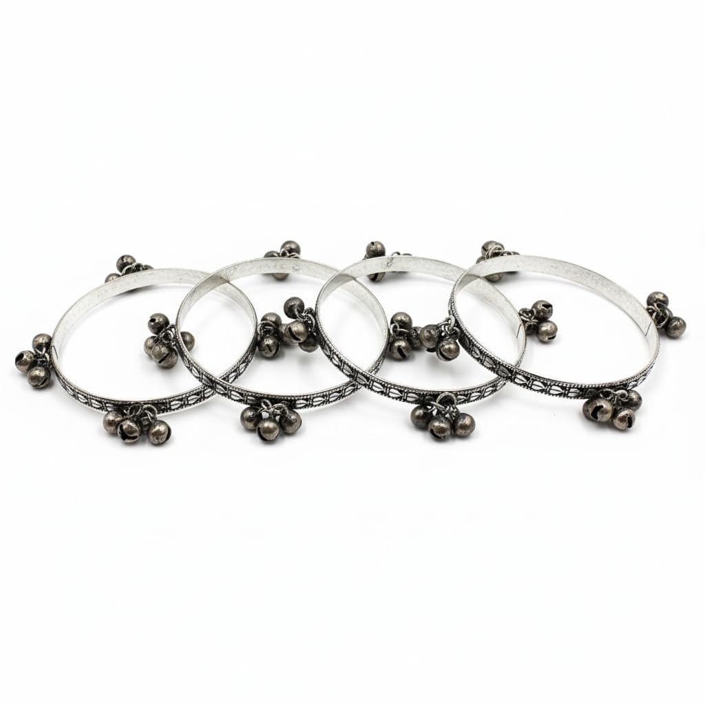 1511-Pretty Precious Oxidised Silver Bangles Set of 4, Traditional Indian Jewelry, Ghungroo Bell Charms, Ethnic Tribal Design, Size 2.4 & 2.6