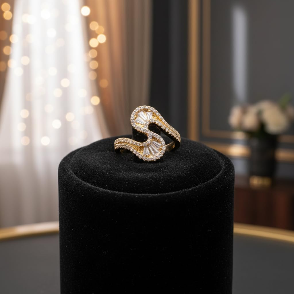 441084-Pretty Precious American Diamond Finger Ring for Women & Girls | Gold Plated AD Ring | Adjustable Elegant Party, Wedding & Daily Wear Jewellery-Two Tone
