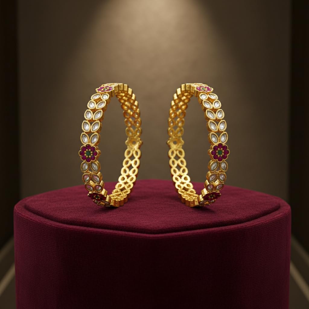 1486-Pretty Precious Gold Plated Cubic Zirconia/American Diamond Traditional Bangles/Bracelet Set of 2 for Women and Girls- Ruby Green (Size 2.4)